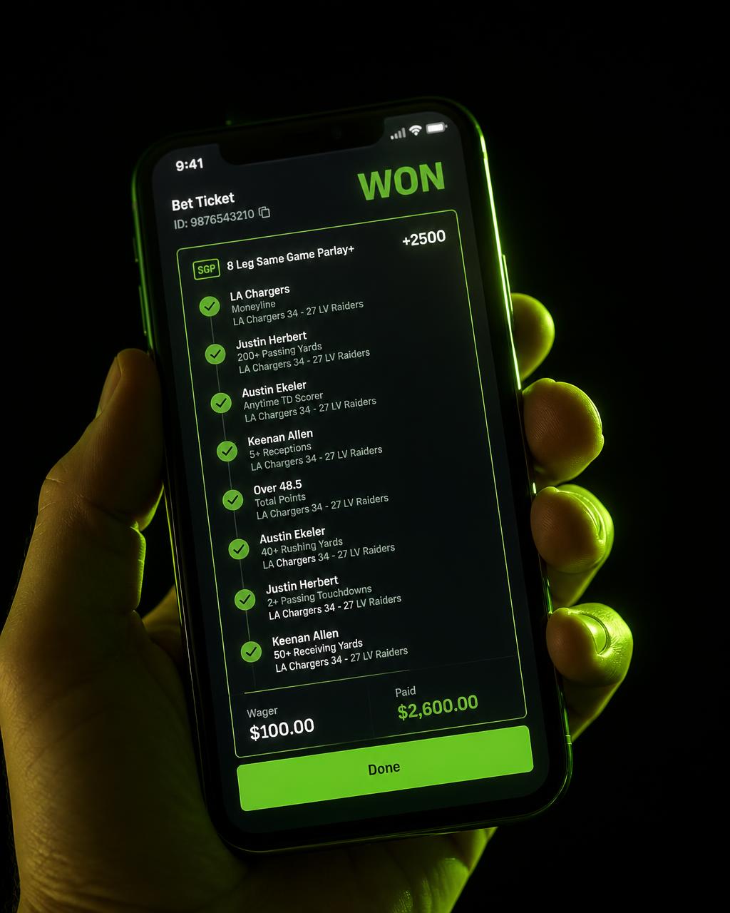 Phone showing a winning virtual football ticket